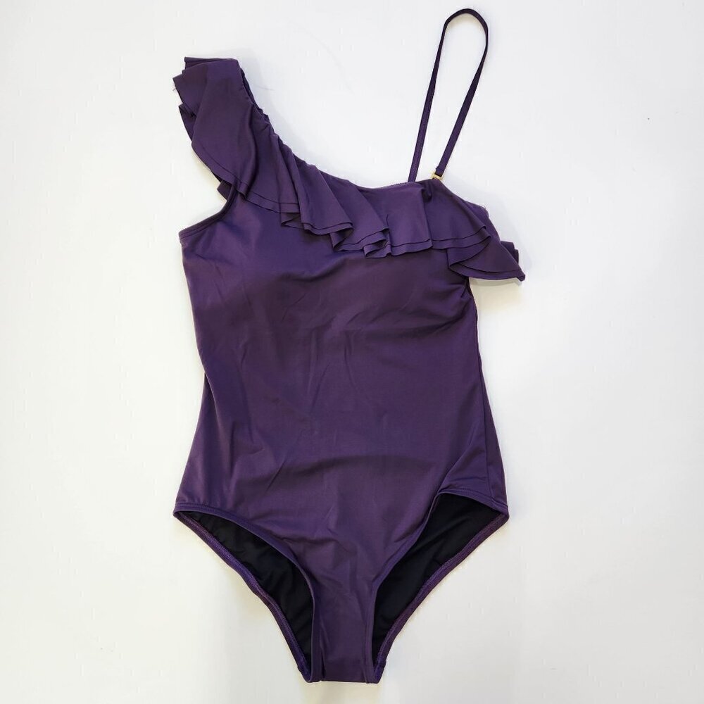 Carmen Marc Valvo NWOT One Piece Swimsuit Womens‎ 12 Purple One Shoulder Ruffle